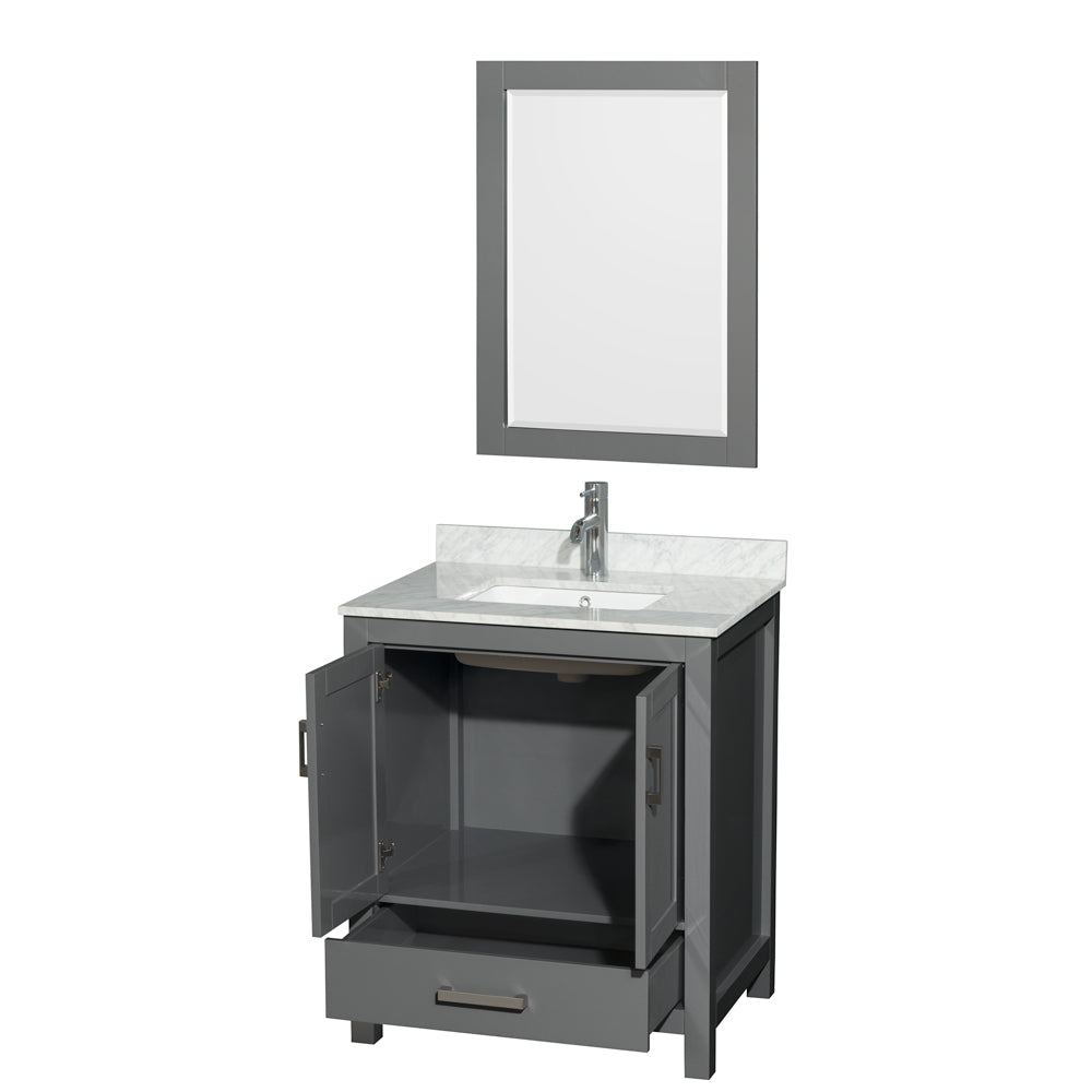 Sheffield 30 Inch Single Bathroom Vanity in Dark Gray White Carrara Marble Countertop Undermount Square Sink and 24 Inch Mirror