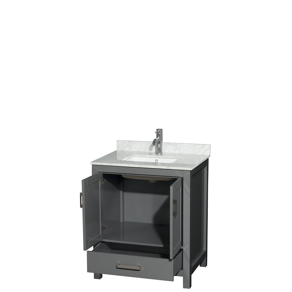 Sheffield 30 Inch Single Bathroom Vanity in Dark Gray White Carrara Marble Countertop Undermount Square Sink and No Mirror