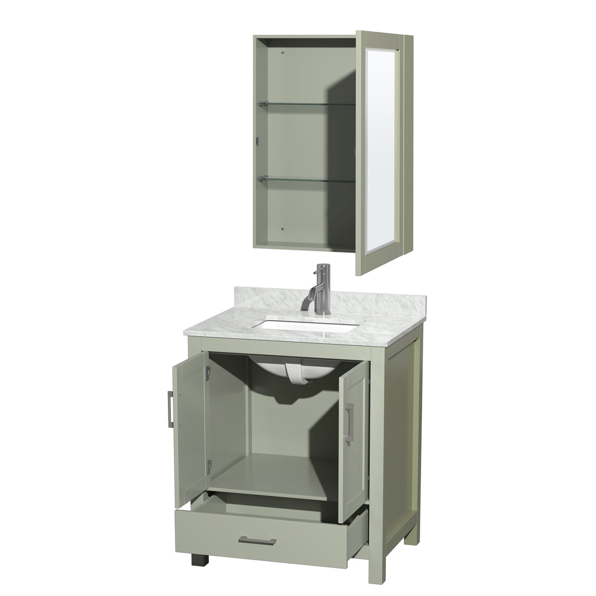 Sheffield 30 inch Single Bathroom Vanity in Light Green White Carrara Marble Countertop Undermount Square Sink Brushed Nickel Trim Medicine Cabinet