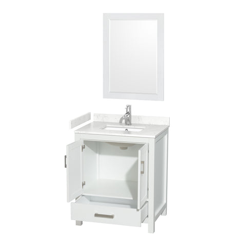 Sheffield 30 Inch Single Bathroom Vanity in White Carrara Cultured Marble Countertop Undermount Square Sink 24 Inch Mirror