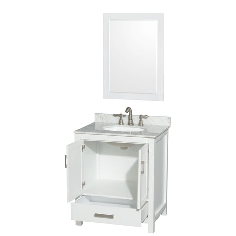 Sheffield 30 Inch Single Bathroom Vanity in White White Carrara Marble Countertop Undermount Oval Sink and 24 Inch Mirror
