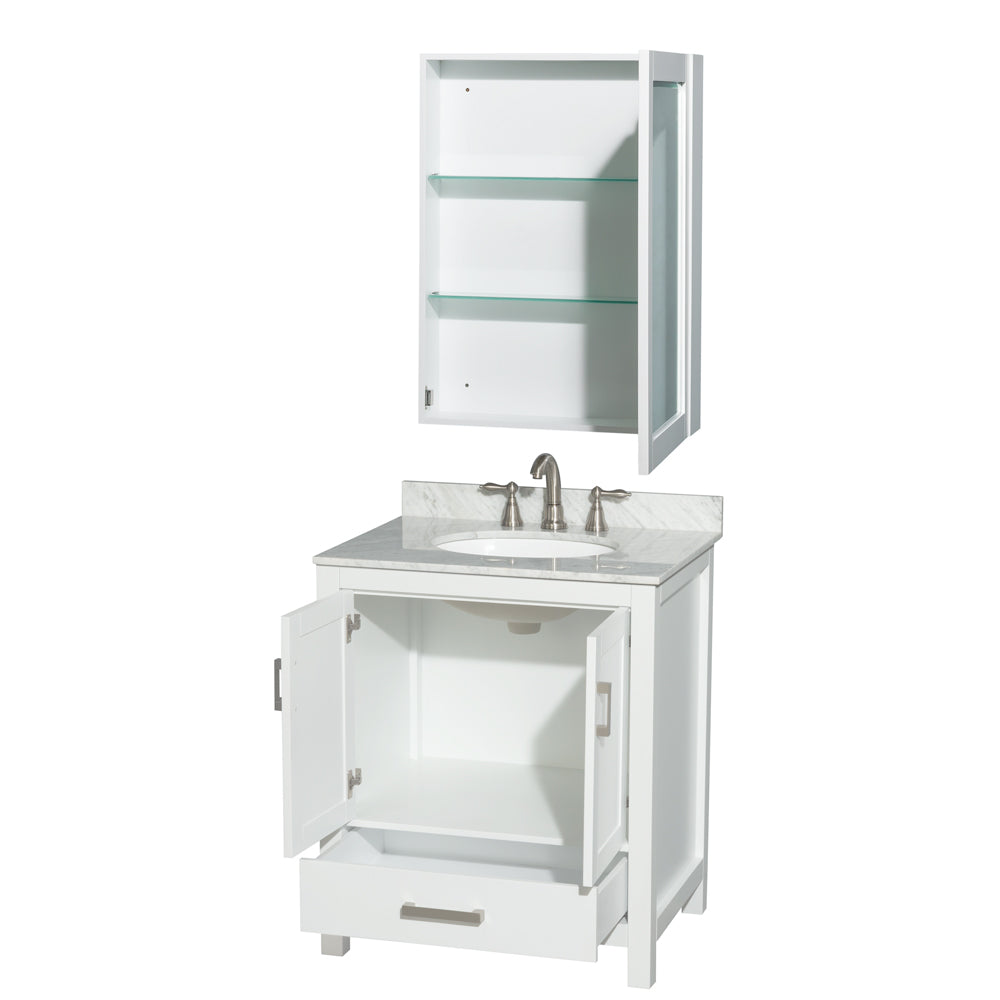 Sheffield 30 Inch Single Bathroom Vanity in White White Carrara Marble Countertop Undermount Oval Sink and Medicine Cabinet