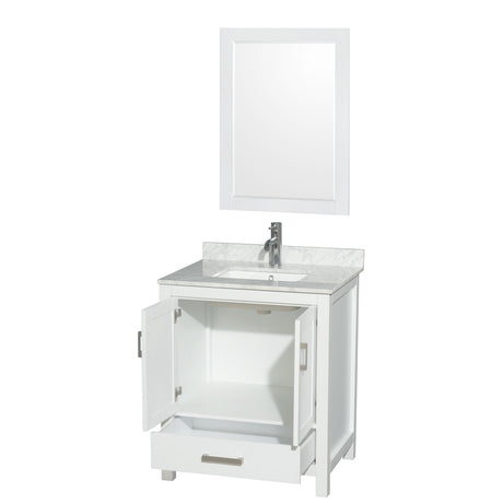 Sheffield 30 Inch Single Bathroom Vanity in White White Carrara Marble Countertop Undermount Square Sink and 24 Inch Mirror