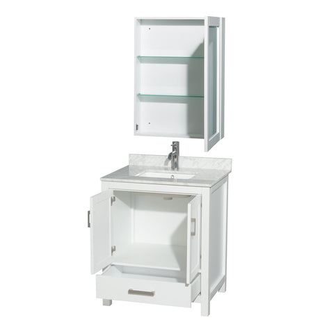 Sheffield 30 Inch Single Bathroom Vanity in White White Carrara Marble Countertop Undermount Square Sink and Medicine Cabinet