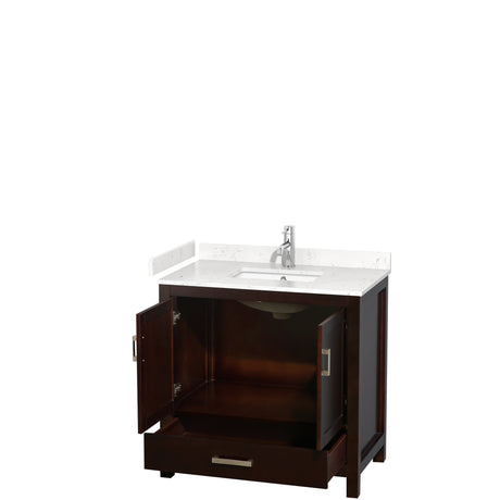Sheffield 36 Inch Single Bathroom Vanity in Espresso Carrara Cultured Marble Countertop Undermount Square Sink No Mirror