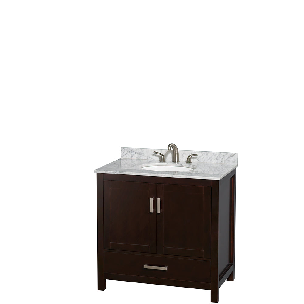 Sheffield 36 Inch Single Bathroom Vanity in Espresso White Carrara Marble Countertop Undermount Oval Sink and 24 Inch Mirror