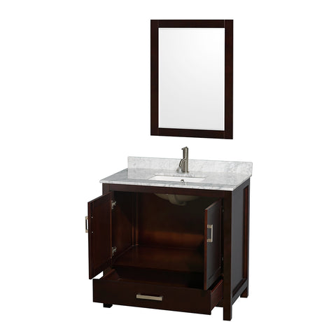 Sheffield 36 Inch Single Bathroom Vanity in Espresso White Carrara Marble Countertop Undermount Square Sink and 24 Inch Mirror