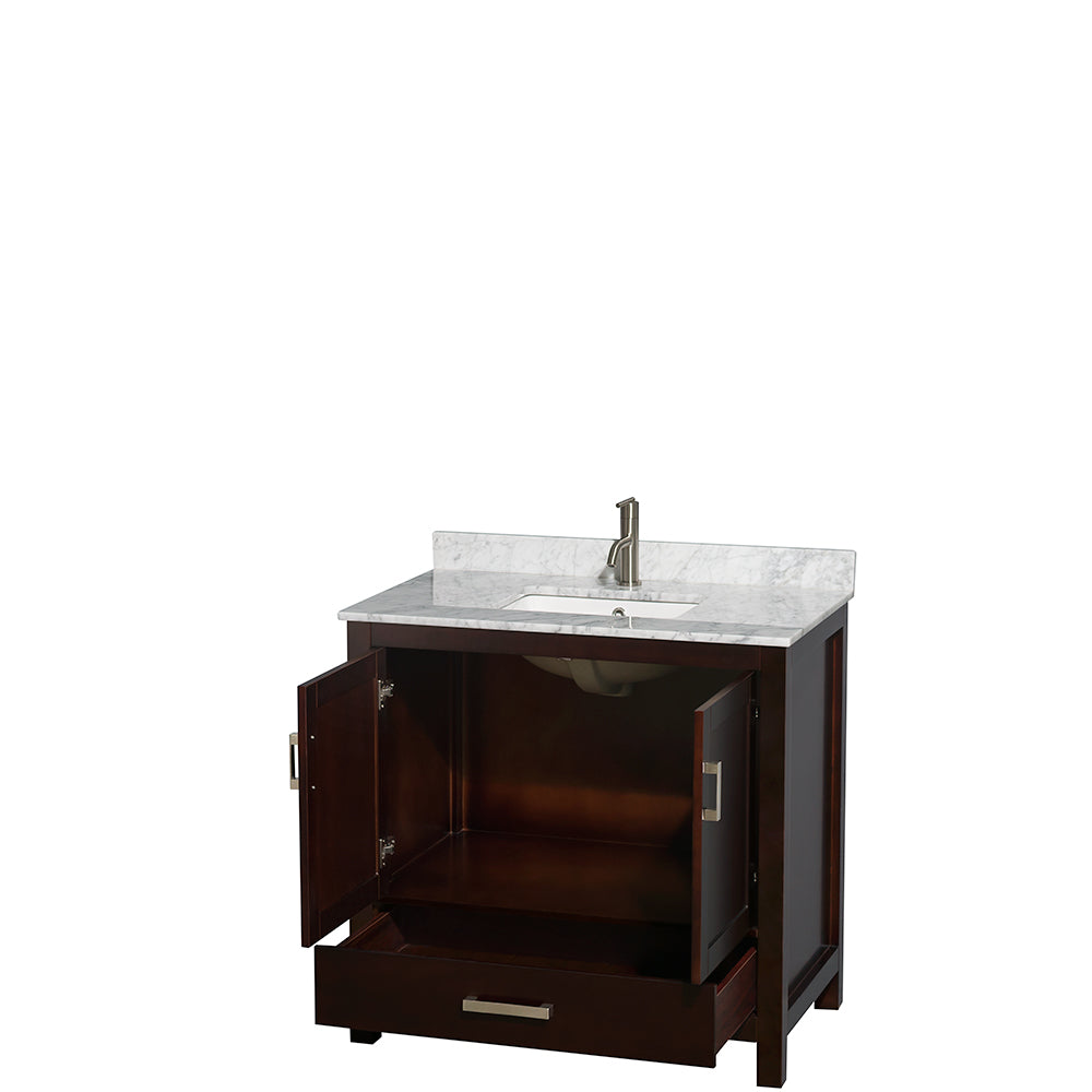 Sheffield 36 Inch Single Bathroom Vanity in Espresso White Carrara Marble Countertop Undermount Square Sink and No Mirror