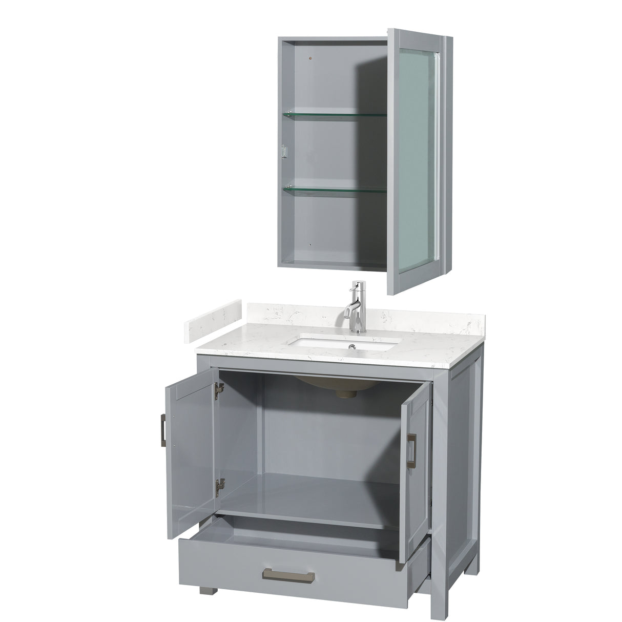 Sheffield 36 Inch Single Bathroom Vanity in Gray Carrara Cultured Marble Countertop Undermount Square Sink Medicine Cabinet