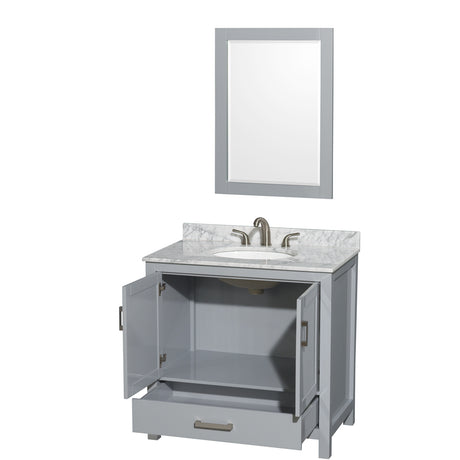 Sheffield 36 Inch Single Bathroom Vanity in Gray White Carrara Marble Countertop Undermount Oval Sink and 24 Inch Mirror