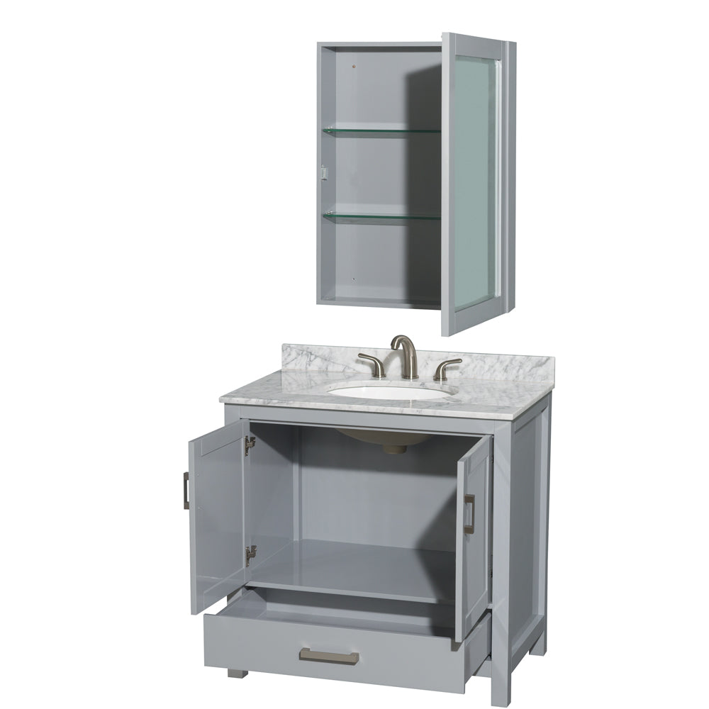 Sheffield 36 Inch Single Bathroom Vanity in Gray White Carrara Marble Countertop Undermount Oval Sink and Medicine Cabinet