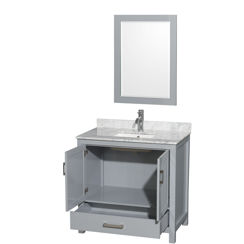 Sheffield 36 Inch Single Bathroom Vanity in Gray White Carrara Marble Countertop Undermount Square Sink and 24 Inch Mirror