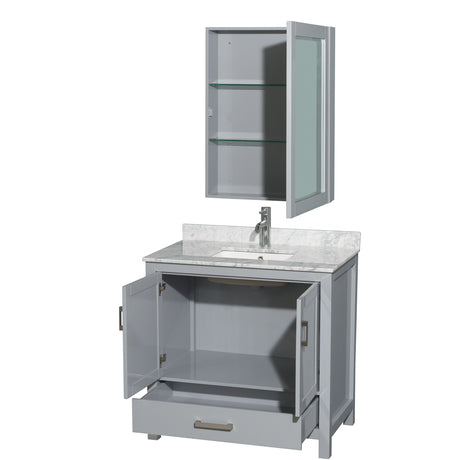 Sheffield 36 Inch Single Bathroom Vanity in Gray White Carrara Marble Countertop Undermount Square Sink and Medicine Cabinet