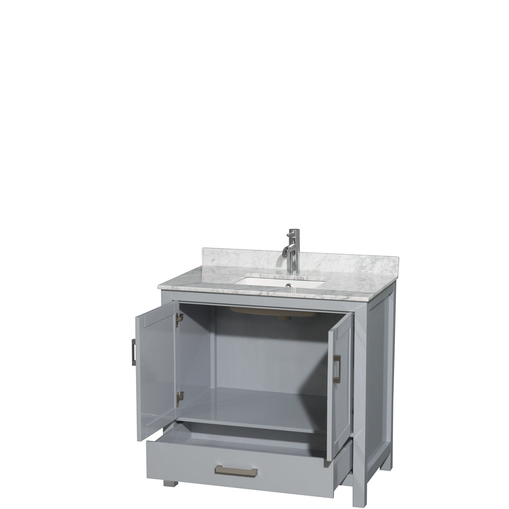 Sheffield 36 Inch Single Bathroom Vanity in Gray White Carrara Marble Countertop Undermount Square Sink and No Mirror