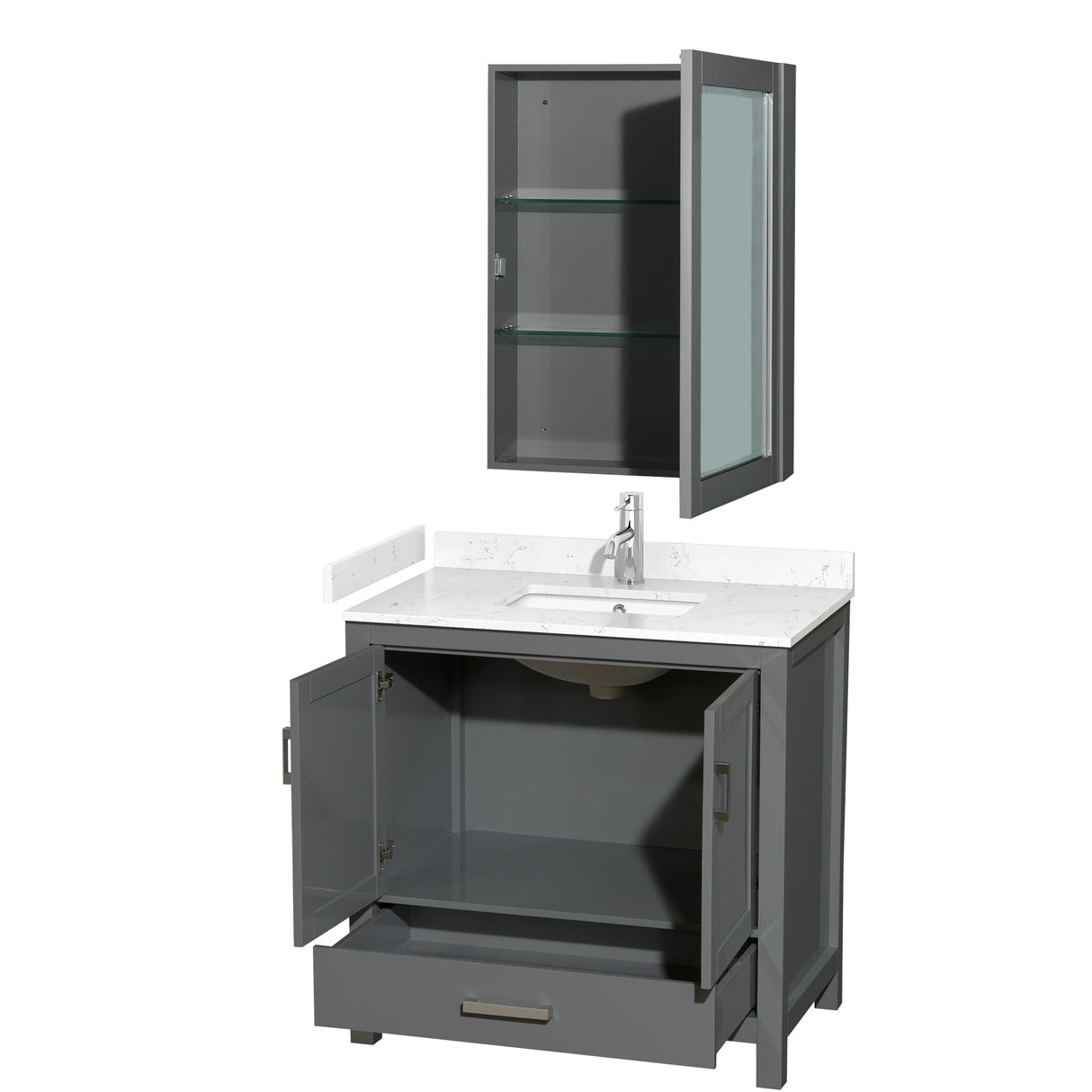 Sheffield 36 Inch Single Bathroom Vanity in Dark Gray Carrara Cultured Marble Countertop Undermount Square Sink Medicine Cabinet
