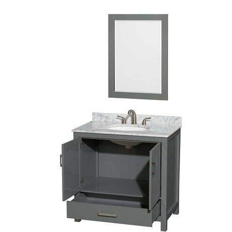 Sheffield 36 Inch Single Bathroom Vanity in Dark Gray White Carrara Marble Countertop Undermount Oval Sink and 24 Inch Mirror