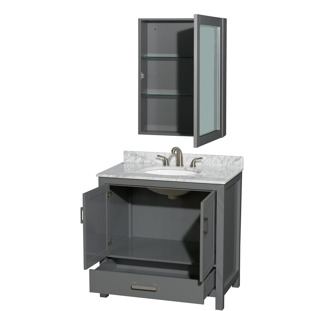 Sheffield 36 Inch Single Bathroom Vanity in Dark Gray White Carrara Marble Countertop Undermount Oval Sink and Medicine Cabinet