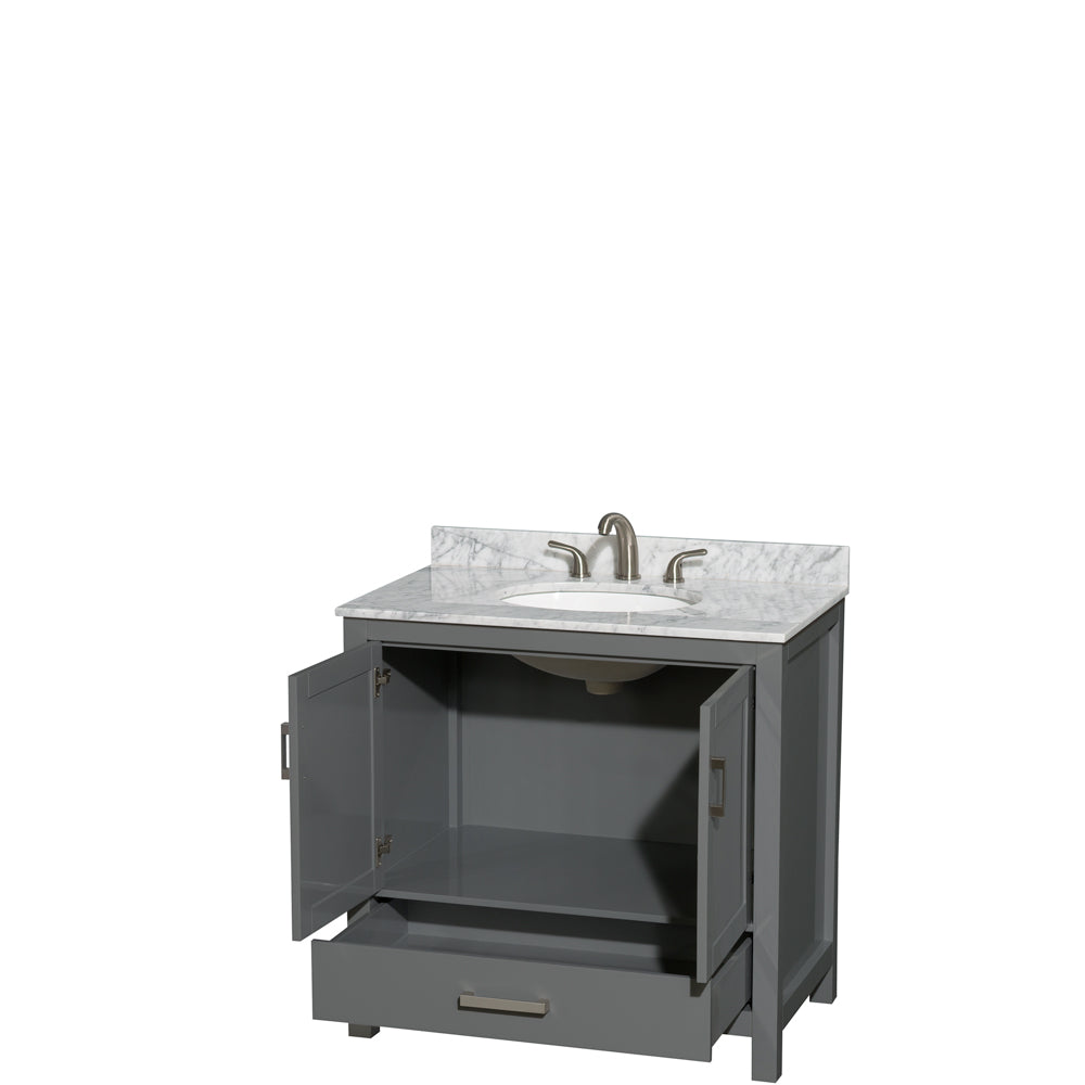 Sheffield 36 Inch Single Bathroom Vanity in Dark Gray White Carrara Marble Countertop Undermount Oval Sink and No Mirror