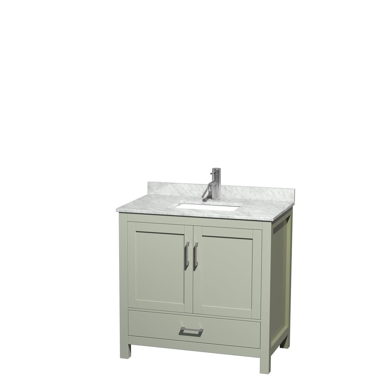Sheffield 36 inch Single Bathroom Vanity in Light Green White Carrara Marble Countertop Undermount Square Sink Brushed Nickel Trim