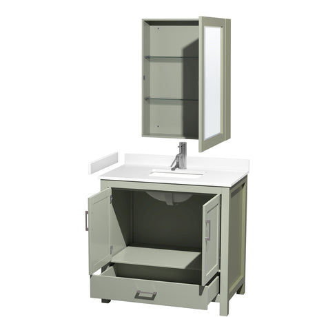 Sheffield 36 inch Single Bathroom Vanity in Light Green White Cultured Marble Countertop Undermount Square Sink Brushed Nickel Trim Medicine Cabinet