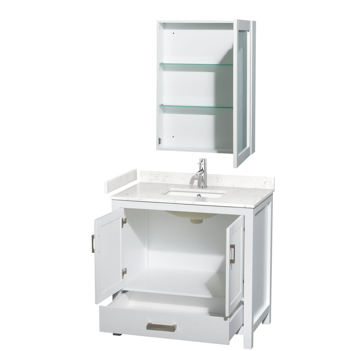 Sheffield 36 Inch Single Bathroom Vanity in White Carrara Cultured Marble Countertop Undermount Square Sink Medicine Cabinet