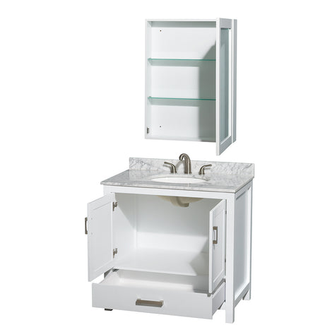 Sheffield 36 Inch Single Bathroom Vanity in White White Carrara Marble Countertop Undermount Oval Sink and Medicine Cabinet