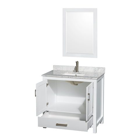 Sheffield 36 Inch Single Bathroom Vanity in White White Carrara Marble Countertop Undermount Square Sink and 24 Inch Mirror