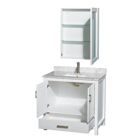 Sheffield 36 Inch Single Bathroom Vanity in White White Carrara Marble Countertop Undermount Square Sink and Medicine Cabinet