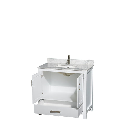 Sheffield 36 Inch Single Bathroom Vanity in White White Carrara Marble Countertop Undermount Square Sink and No Mirror