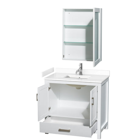 Sheffield 36 Inch Single Bathroom Vanity in White White Cultured Marble Countertop Undermount Square Sink Medicine Cabinet