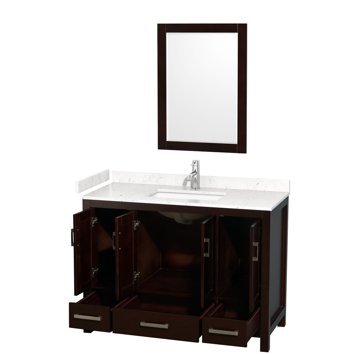 Sheffield 48 Inch Single Bathroom Vanity in Espresso Carrara Cultured Marble Countertop Undermount Square Sink 24 Inch Mirror