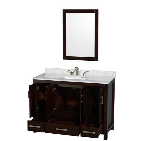 Sheffield 48 Inch Single Bathroom Vanity in Espresso White Carrara Marble Countertop Undermount Oval Sink and 24 Inch Mirror