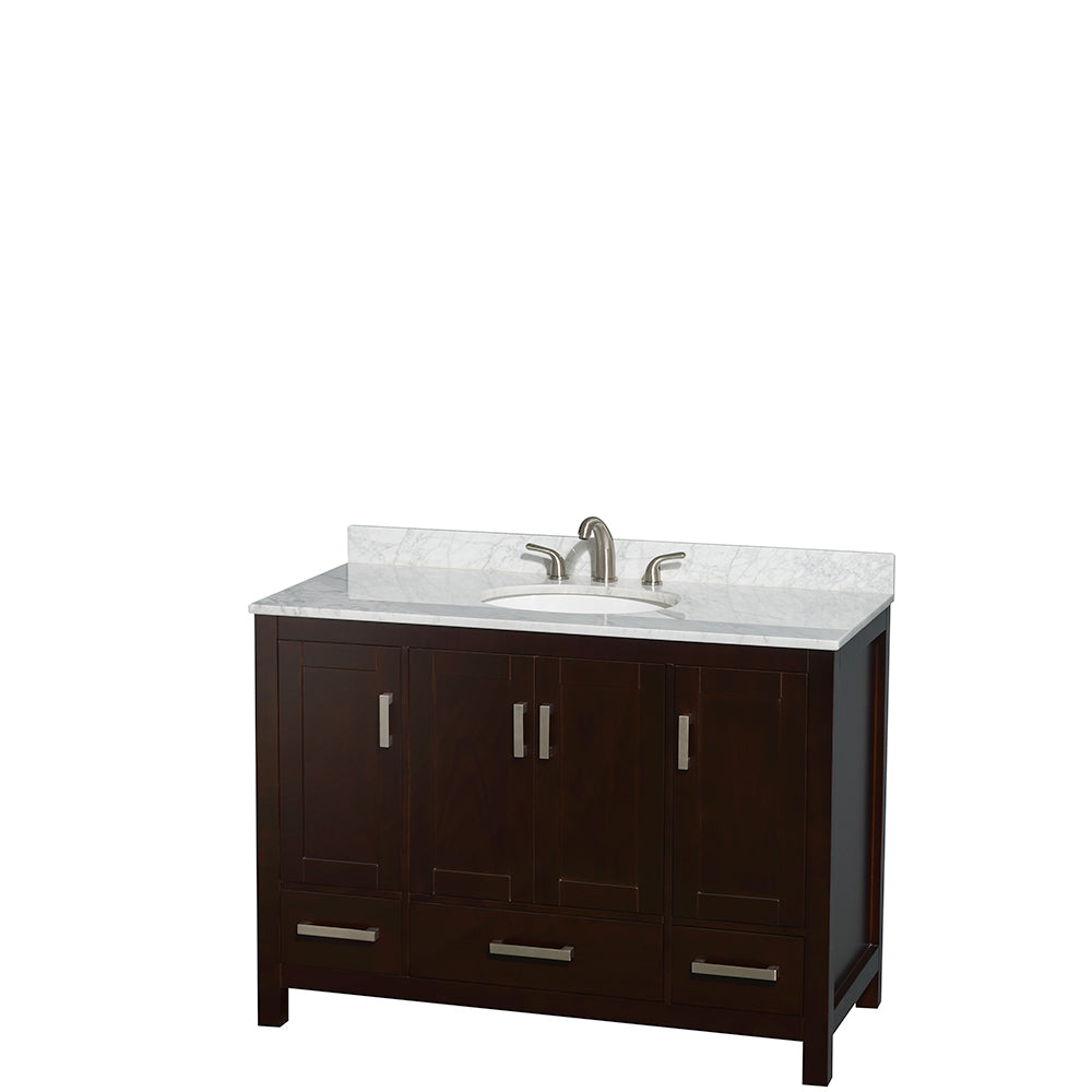 Sheffield 48 Inch Single Bathroom Vanity in Espresso White Carrara Marble Countertop Undermount Oval Sink and Medicine Cabinet