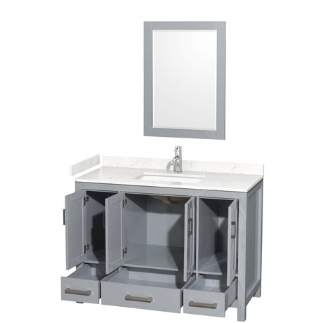 Sheffield 48 Inch Single Bathroom Vanity in Gray Carrara Cultured Marble Countertop Undermount Square Sink 24 Inch Mirror