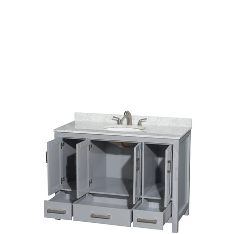 Sheffield 48 Inch Single Bathroom Vanity in Gray White Carrara Marble Countertop Undermount Oval Sink and No Mirror