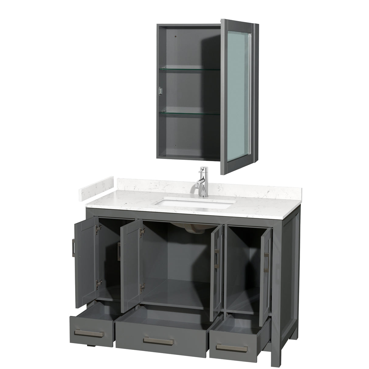Sheffield 48 Inch Single Bathroom Vanity in Dark Gray Carrara Cultured Marble Countertop Undermount Square Sink Medicine Cabinet