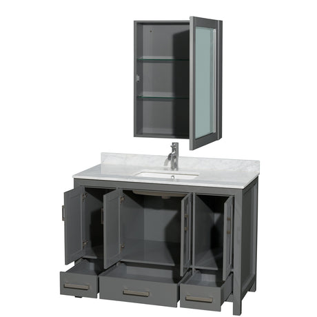 Sheffield 48 Inch Single Bathroom Vanity in Dark Gray White Carrara Marble Countertop Undermount Square Sink and Medicine Cabinet