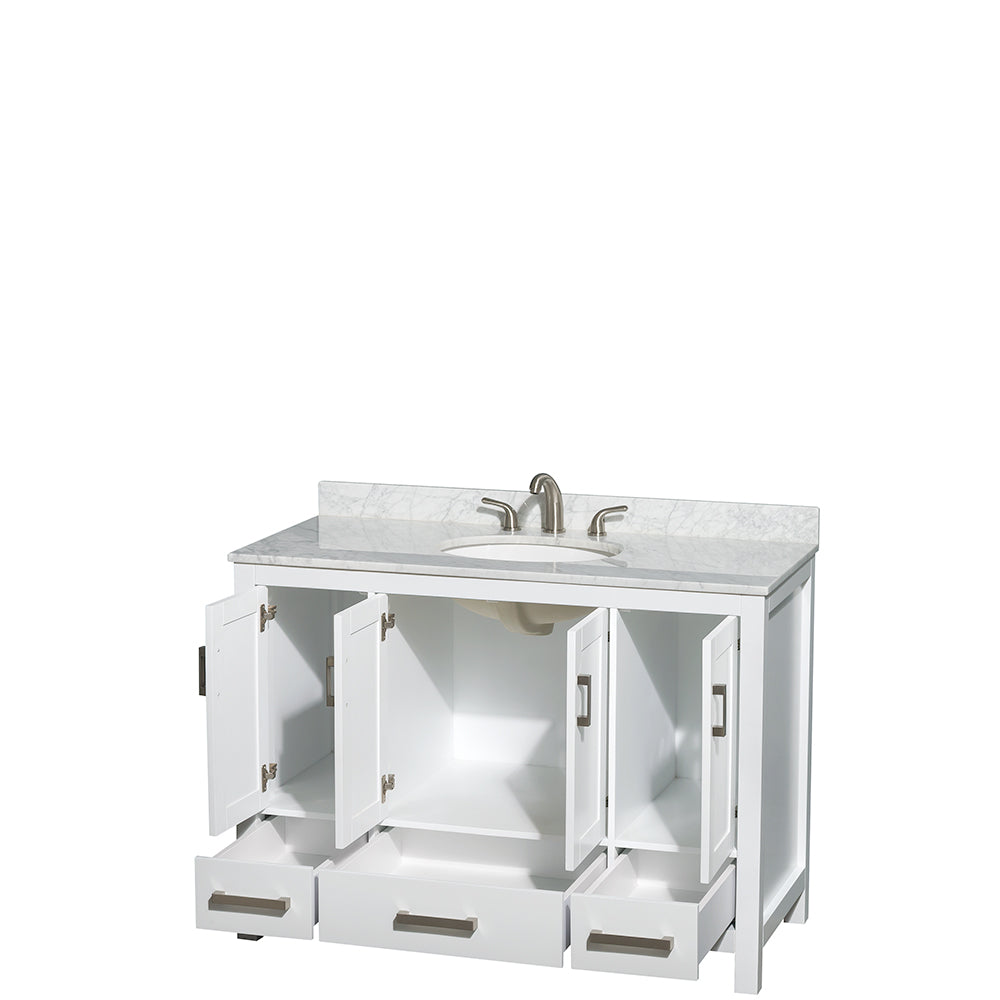 Sheffield 48 Inch Single Bathroom Vanity in White White Carrara Marble Countertop Undermount Oval Sink and No Mirror