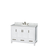 Sheffield 48 Inch Single Bathroom Vanity in White White Carrara Marble Countertop Undermount Oval Sink and Medicine Cabinet