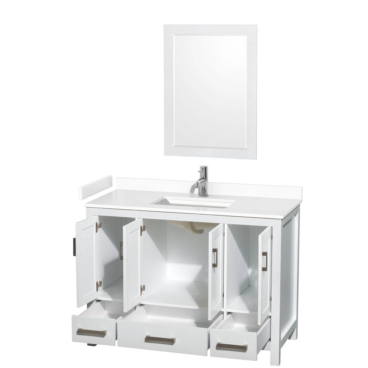 Sheffield 48 Inch Single Bathroom Vanity in White White Cultured Marble Countertop Undermount Square Sink 24 Inch Mirror