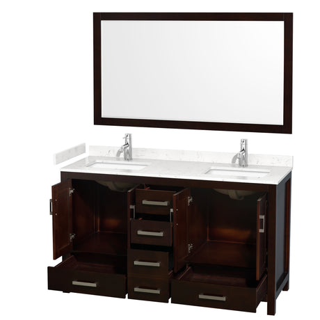 Sheffield 60 Inch Double Bathroom Vanity in Espresso Carrara Cultured Marble Countertop Undermount Square Sinks 58 Inch Mirror
