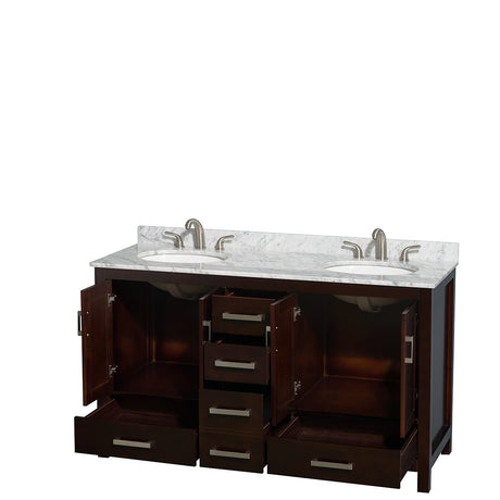 Sheffield 60 Inch Double Bathroom Vanity in Espresso White Carrara Marble Countertop Undermount Oval Sinks and No Mirror