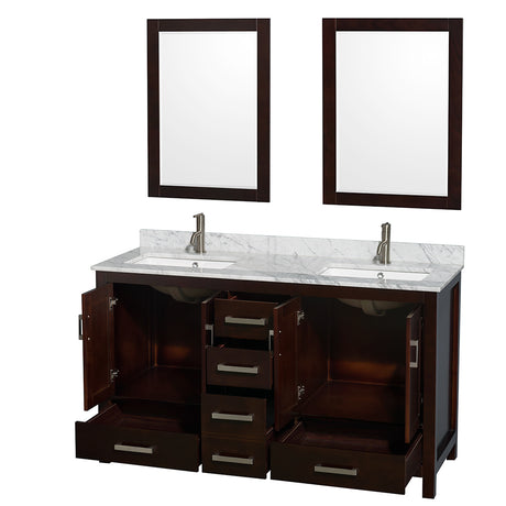 Sheffield 60 Inch Double Bathroom Vanity in Espresso White Carrara Marble Countertop Undermount Square Sinks and 24 Inch Mirrors