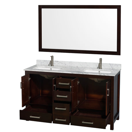Sheffield 60 Inch Double Bathroom Vanity in Espresso White Carrara Marble Countertop Undermount Square Sinks and 58 Inch Mirror