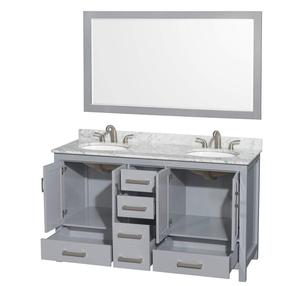 Sheffield 60 Inch Double Bathroom Vanity in Gray White Carrara Marble Countertop Undermount Oval Sinks and 58 Inch Mirror