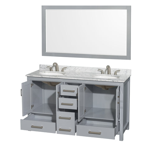 Sheffield 60 Inch Double Bathroom Vanity in Gray White Carrara Marble Countertop Undermount Oval Sinks and 58 Inch Mirror