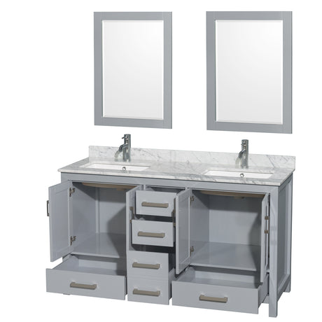 Sheffield 60 Inch Double Bathroom Vanity in Gray White Carrara Marble Countertop Undermount Square Sinks and 24 Inch Mirrors