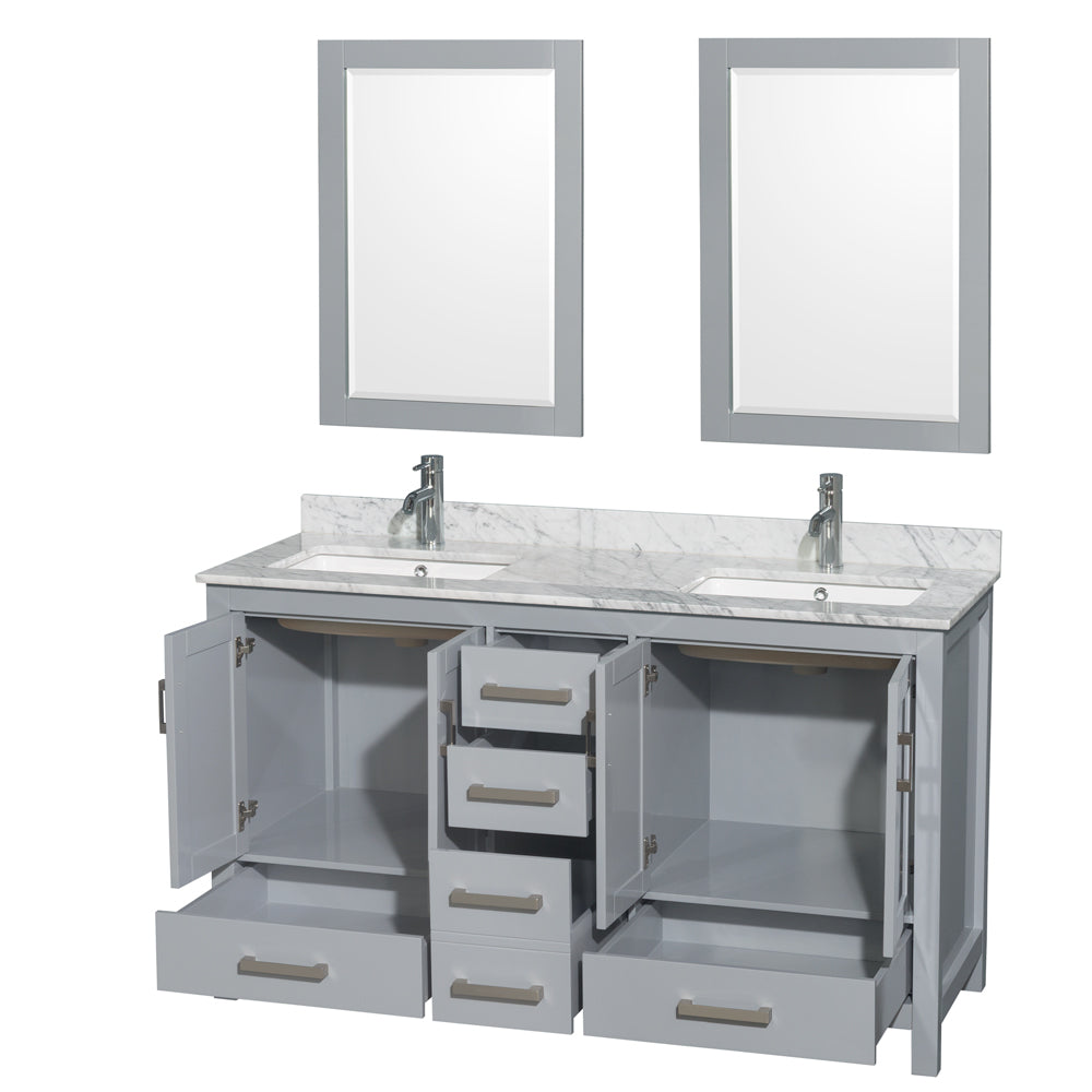 Sheffield 60 Inch Double Bathroom Vanity in Gray White Carrara Marble Countertop Undermount Square Sinks and 24 Inch Mirrors