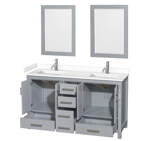 Sheffield 60 Inch Double Bathroom Vanity in Gray White Cultured Marble Countertop Undermount Square Sinks 24 Inch Mirrors