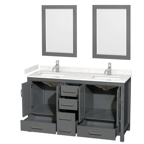 Sheffield 60 Inch Double Bathroom Vanity in Dark Gray Carrara Cultured Marble Countertop Undermount Square Sinks 24 Inch Mirrors